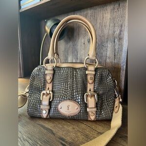 Fossil Tan Brown Maddox Satchel Snakeskin embossed Leather Crossbody Rose Gold